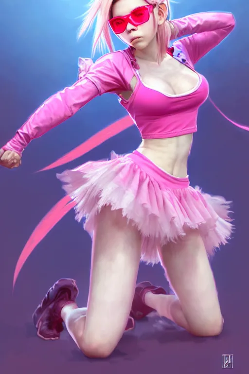 Image similar to Tekken 4 fighter anime Stunning Portrait Belle Delphine with Crop top and pink skirt, Pink Shades, in a fighting stance, digital painting, artstation, concept art, soft light, hdri, smooth, sharp focus, illustration, art by tian zi, craig mullins, Mark Arian, WLOP, alphonse mucha