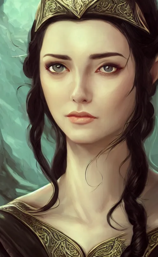 Prompt: luthien, princess of doriath, fairest maiden to have ever lived, stunningly beautiful, black hair, elven, portrait, artstation, wonderful lighning