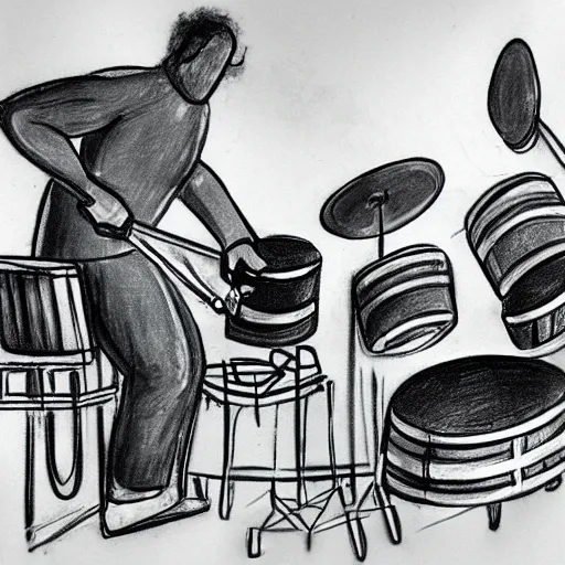 Prompt: a photorealistic sketch of a giant man playing the drums
