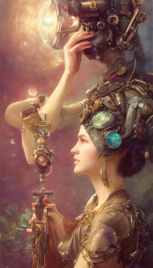 Image similar to hyper realistic photographer taking a picture, magical, gems, jewels, gold, steampunk, cyberpunk, painted by tom bagshaw, mucha, gaston bussiere, craig mullins, j. c. leyendecker 8 k