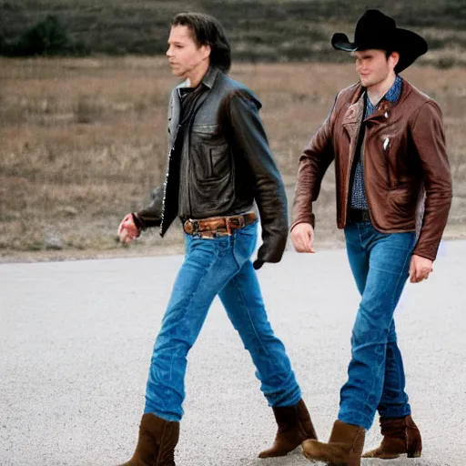 Image similar to Two men with brown leather jackets, blue jeans, and cowboy boots walking behind each other