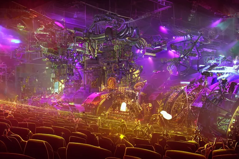 Image similar to a concert stage with audience, on stage is a rockband with 3 steampunk robots with guitars and drums, center of the stage is a big futuristic steampunk generator with gears and belts and tubes, laser show, 8 k, fluorescent colors, halluzinogenic, multicolored, exaggerated detailed, unreal engine