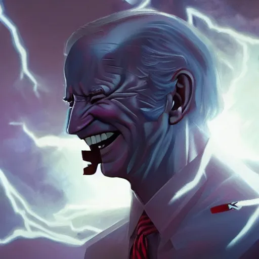 Image similar to Huge, Laughing Joe Biden. Glowing eyes, thunderstorm. Final form. Fantasy concept art, best of ArtStation