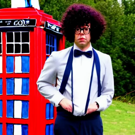 Prompt: Richard Ayoade dressed as Doctor Who, standing next to the TARDIS