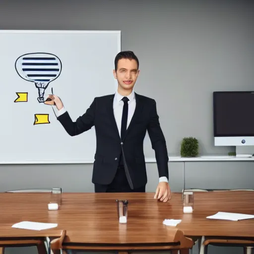 Prompt: a snail wearing a fabulous suit and tie while in a board room in front of a white board on the wall giving a presentation to silly humans about the importance of grass