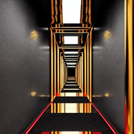 Prompt: a rectangular hallway of pure black reflective marble leading towards a red chair surrounded by gold cronenberg esque tools