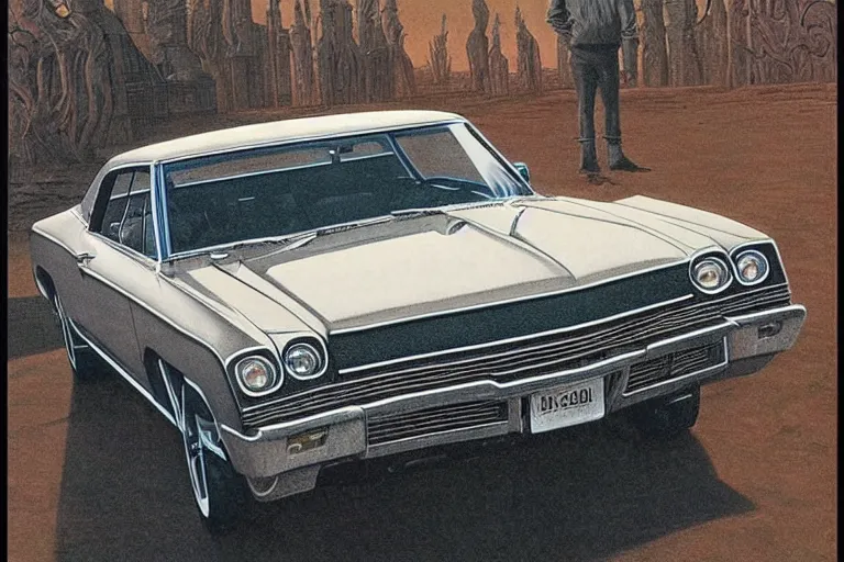 Image similar to intricate, 3 d, 1 9 6 7 impala, style by caspar david friedrich and wayne barlowe and ted nasmith.