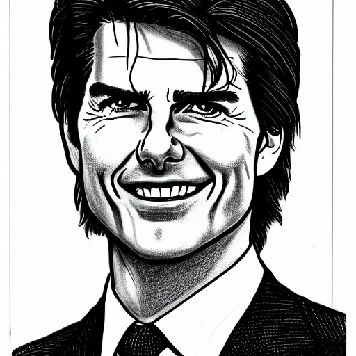 Image similar to a portrait drawing of Tom Cruise drawn by Robert Crumb