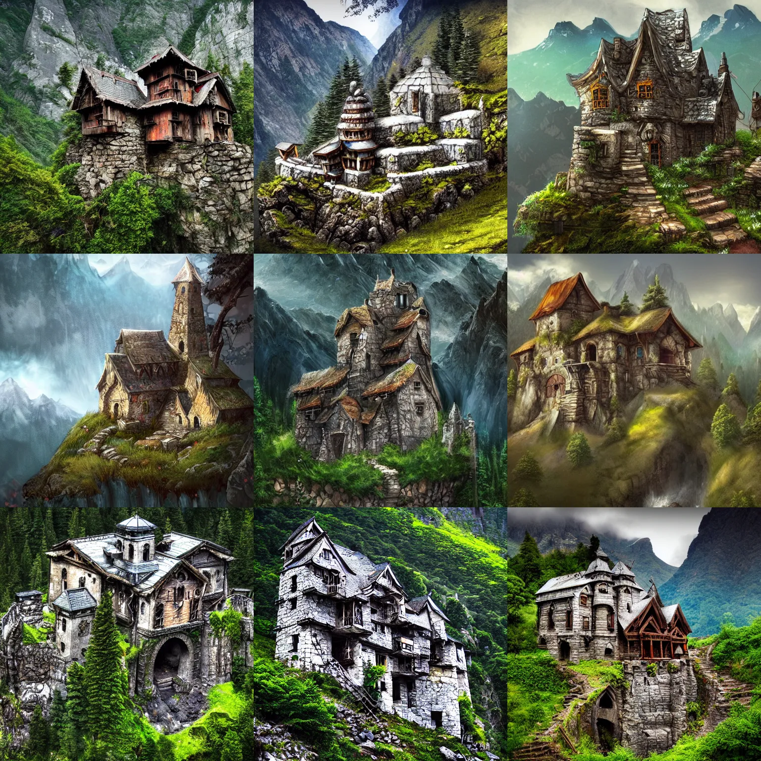 Prompt: old abandoned dwarven keep nestled high up in mountains. lush greenery picturesque scenery. running water. landscape photography. fantasy. trending on art station.