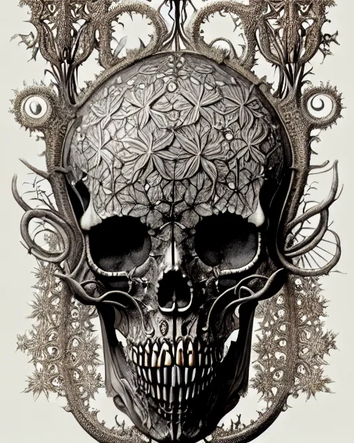 Image similar to art forms of nature by ernst haeckel, memento mori by arthur rackham, ornate antique porcelain beautiful skull mask, ultrasharp, photorealistic, hyperdetailed, octane render, polished, art nouveau, neo - gothic, gothic, intricate ornamental organic filigree, art nouveau botanicals, art forms of nature by ernst haeckel, horizontal symmetry, symbolist, visionary