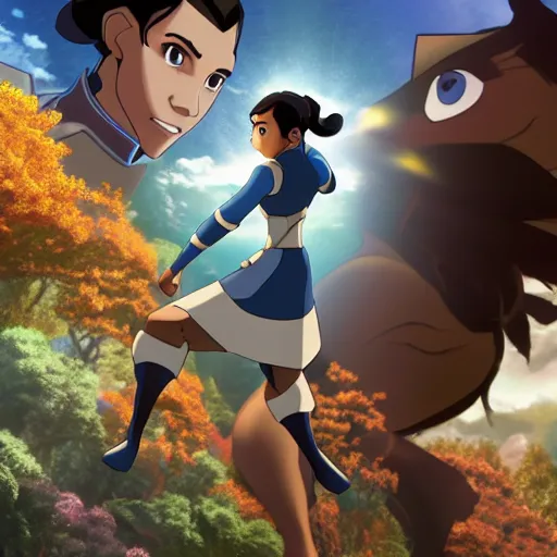 Prompt: Avatar Korra, film still from the Pixar movie 'Avatar Korra'