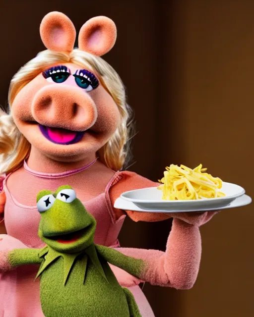 Image similar to photoshoot of muppet miss piggy preparing a meal, 8 k, photorealistic