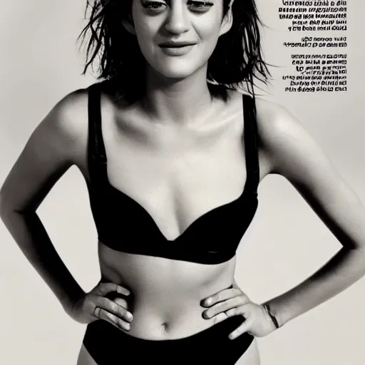 Image similar to Portrait Photography, medium closeup of young Marion Cotillard, victoria's secret body, poses in 2 Piece Mini Micro Push Up Swimsuits at summer beach, confident pose, fierce expression, editorial photography, SI swimsuit magazine