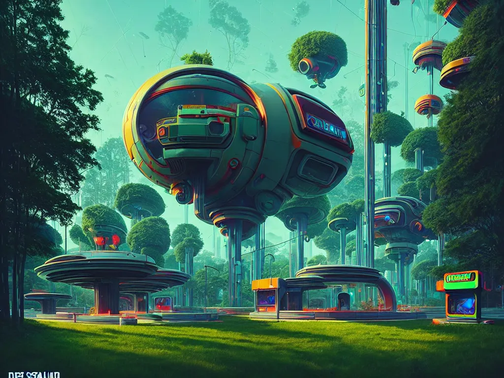 Image similar to 80s futuristic outdoor retro arcade, desolate, lush vegetation:: Simon Stålenhag and beeple and James Gilleard and Justin Gerard :: ornate, dynamic, particulate, intricate, elegant, highly detailed, centered, artstation, smooth, sharp focus, octane render, 3d