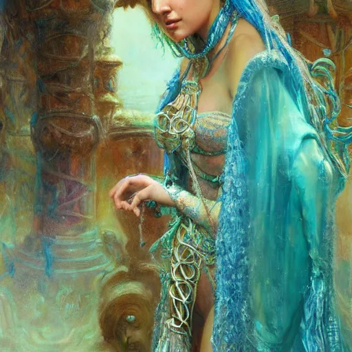 Prompt: artstation, intricate detail, portrait by gaston bussiere, tan skin, lady of elche, egyptian sumerian features, techno mystic dominatrix goddess princess intergalactica inanna with aqua neon rapunzel dreadlocks,