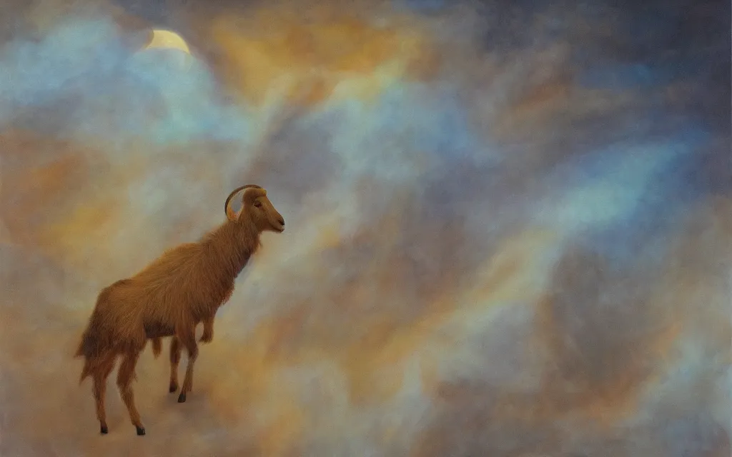 Image similar to satanic goat golden fur in silver desert at night (ethereal) (iridescent), award winning oil painting, lunar color palette