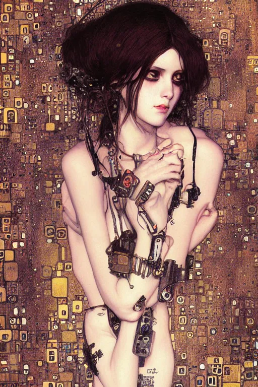 Image similar to portrait of beautiful young gothic maiden, cute face, cyberpunk, Warhammer, highly detailed, artstation, illustration, art by Gustav Klimt