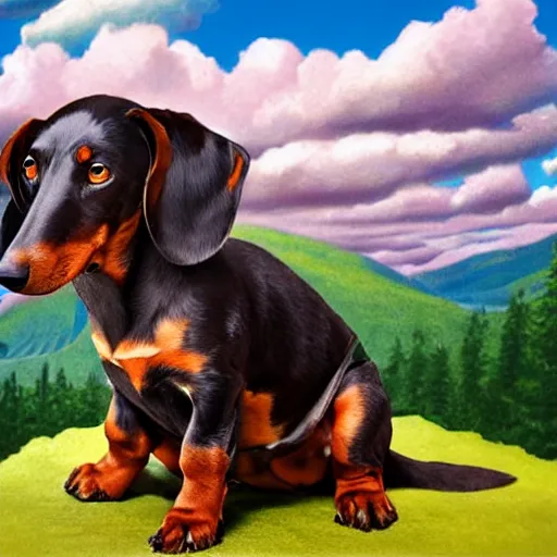 Prompt: black and brown dachshund sitting on top of a hill, matte painting, cartoon