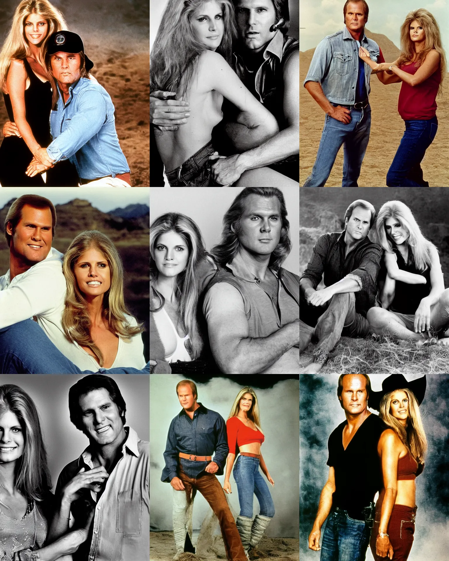 Prompt: Lee Majors as Steve Austin and Lindsay Wagner as Jamie Sommers pose for a studio photograph in the Style of Annie Leibovitz, Color