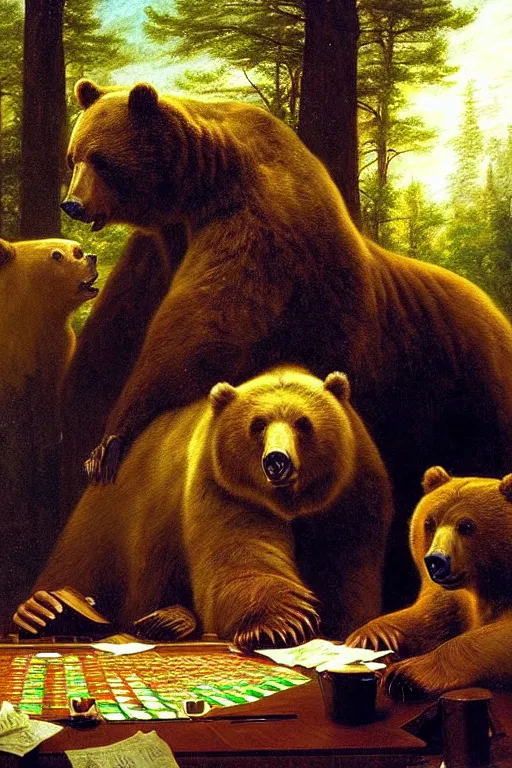 Image similar to portrait of bear gambling in the club by albert bierstadt, wonderful masterpiece by asher brown durand, beautiful cinematic light, by greg manchess, jessica rossier