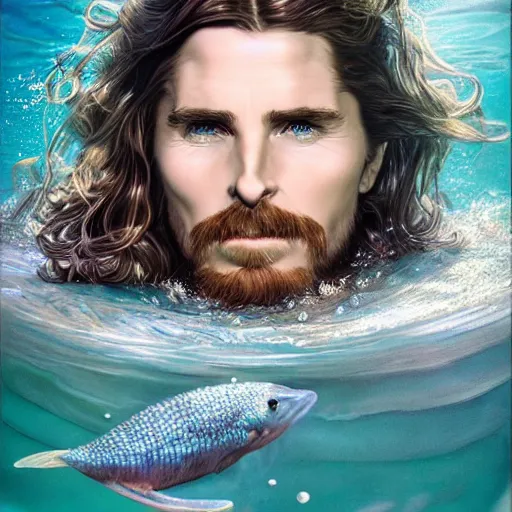 Image similar to christian bale portrait, fantasy, mermaid, hyperrealistic, game character, underwater, highly detailed, sharp focus, cinematic lighting, pearls, glowing hair, shells, gills, crown, water, highlights, starfish, jewelry, realistic, digital art, pastel, magic, fiction, ocean, king, colorful hair, sparkly eyes, fish, heroic, god, waves, bubbles, king