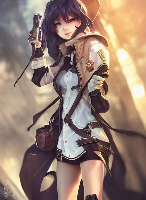 Prompt: full size persona, female sheriff, global lighting, detail, ultra sharpness, beautiful female, detailed face, art by huyy nguyen, by anime style