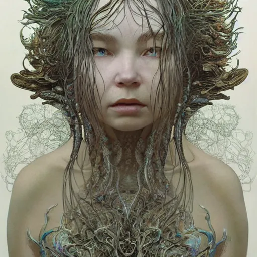 Image similar to bjork by zdzisław beksinski, iris van herpen, raymond swanland and alphonse mucha. highly detailed, hyper - real, beautiful