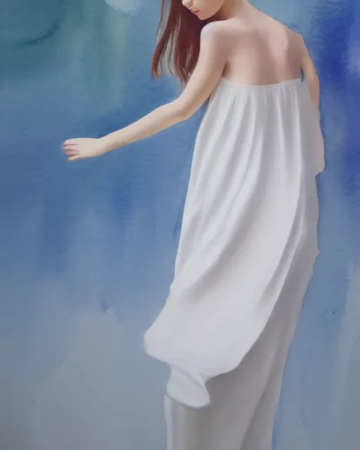 Image similar to watercolor picture of a beautiful young woman in white dress, high key, 8k