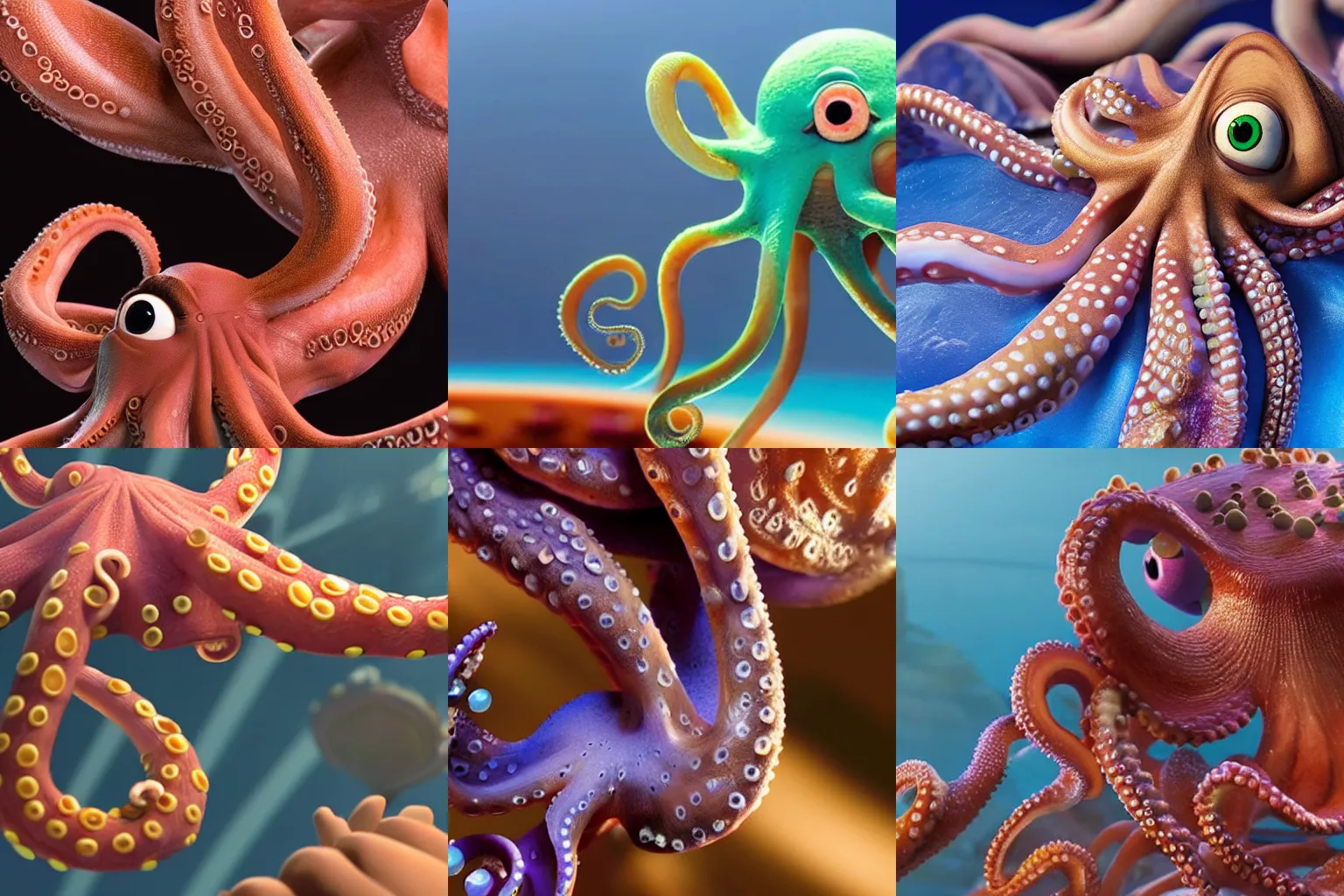 Prompt: octopus, pixar movie scene, very detailed closeup of skin texture at Magic Hour