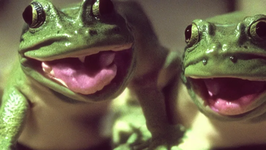 Prompt: an anthropomorphic frog with a mouth full of sharp teeth laughing maniacally, a satanic ritual, by Brian Froud and John Carpenter. Movie screenshot directed by Stephen Spielberg, and cinematography by Roger Deakins. Shot from a low angle. Cinematic.