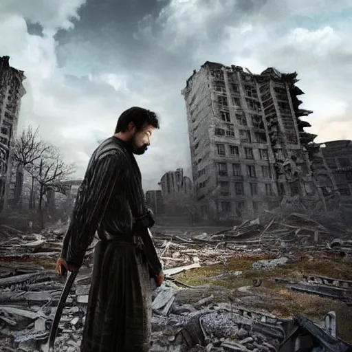 Prompt: a shadowy man standing in a ruined City the man is holding a Katana photo-realistic