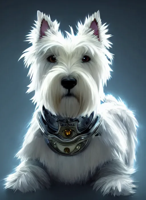 Image similar to a west highland white terrier sitting politely, facing the camera, anime art style, wearing futuristic, led - lit armor, and a cannon mounted on his back, portrait, high detail, sharp focus, digital painting, artstation, concept art, art by hayao miyazaki and artgerm and greg rutkowski and alphonse mucha.