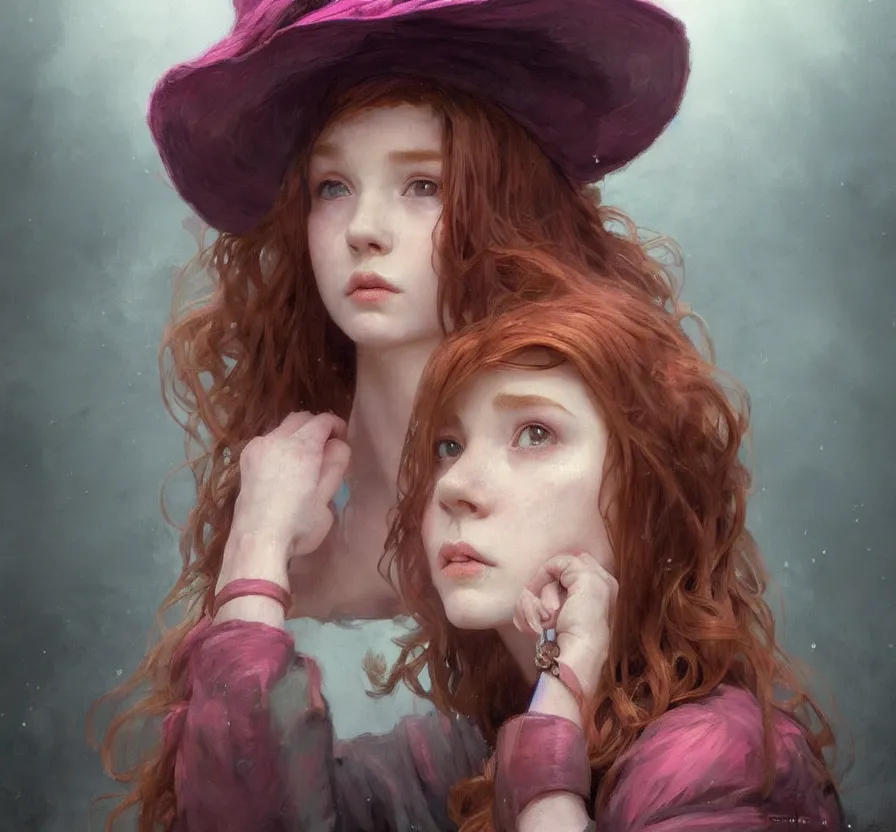 Prompt: realistic, portrait, centered, dramatic, fantasy, render of a redhead young girl, with a pink wool street hat on her head, by wlop, artgerm, greg rutkowski, alphonse mucha, beautiful dynamic, dramatic, dark, moody lighting, shadows, cinematic atmosphere, artstation, concept design art, octane render, 8 k