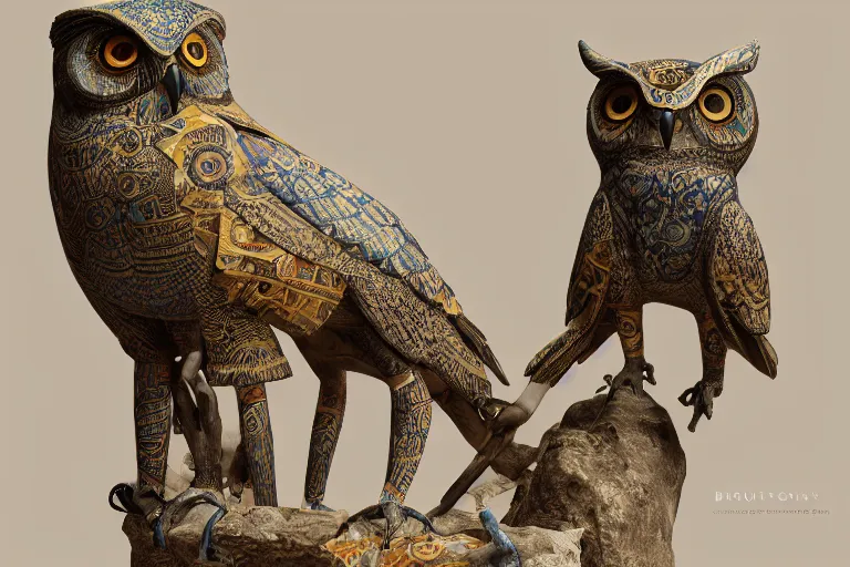 Prompt: brody neuenschwander 3 d art, painted etruscan style figural ceramic figures, lapidary painted and glazed ceramics, owl - bull, peruvian and nazca brocade textiles, octane render, unreal engine, batuan style, ambient lighting, intricate light, detailed, hyper realistic