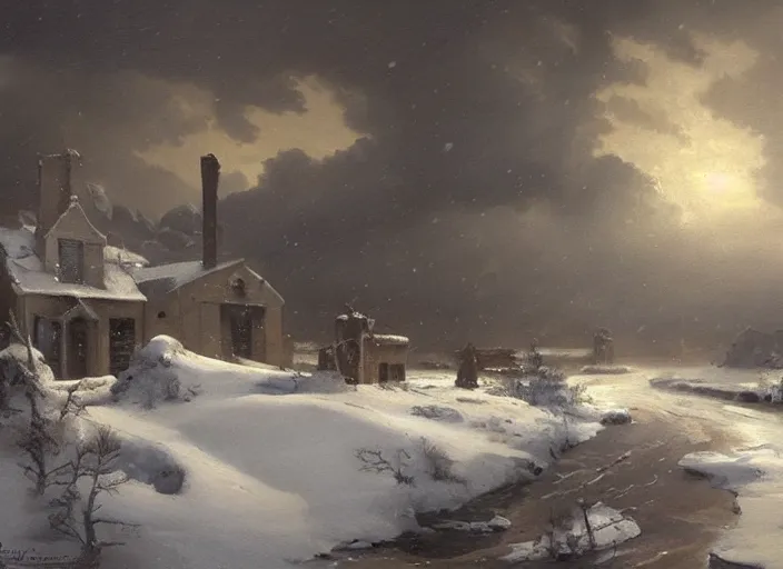 Prompt: oil painting, snow blizzard, beautiful cinematic light, american romanticism by gericault, creation by tyler edlin