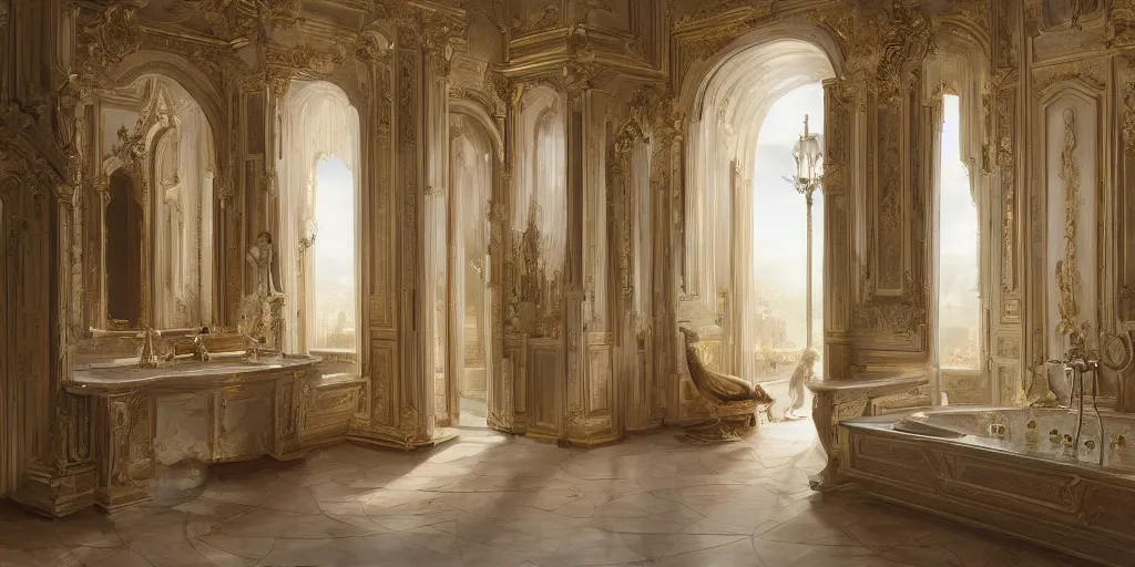 Image similar to in the bathroom of an incredible palace with the beautiful Natalia Vodianova, Raphaël Lacoste, matte painting, artstation