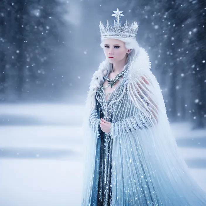 Prompt: photograph of a real-life beautiful ice queen with ornate cloak and crown in an ethereal snowy landscape. Extremely detailed. 8k