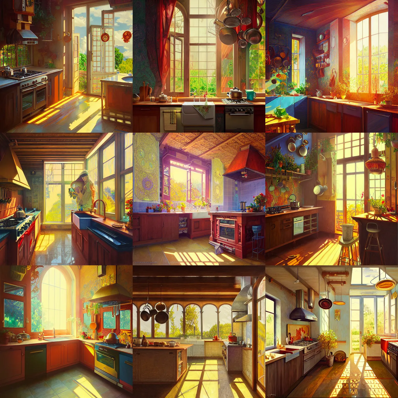 Prompt: house kitchen on a sunny day, path traced, highly detailed, high quality, digital painting, alena aenami, lilia alvarado, shinji aramaki, karol bak, alphonse mucha, tom bagshaw