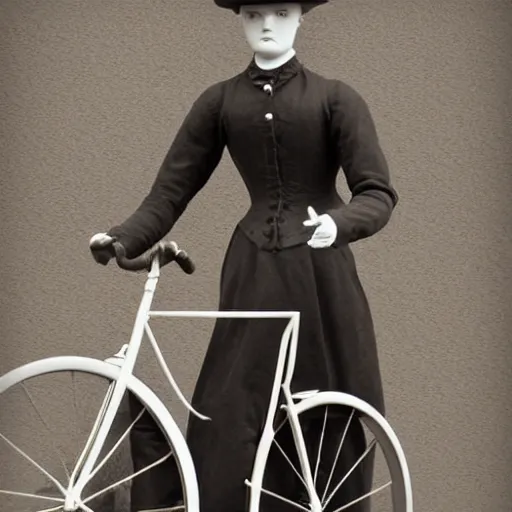 Prompt: close up portrait of a life size victorian mannequin standing in with a bicycle, 8 k, soft lighting, highly detailed realistic, face in focus 1 8 9 0's liminal