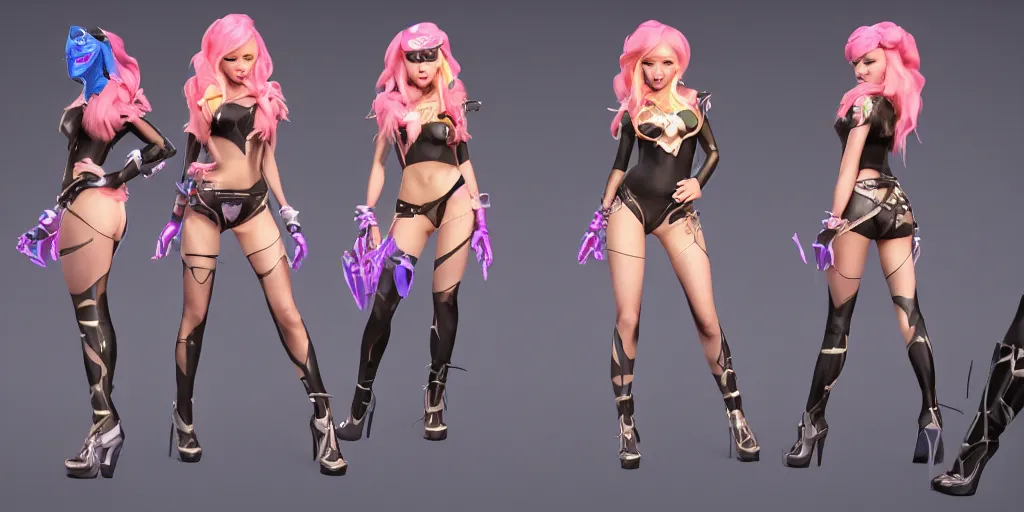 Prompt: character sheet of beautiful KDA More Miss Fortune (wild rift). 3d render, octane render, k-pop, music video, game art, realistic, highly detailed, trending on artstation, 4k, trending on artstation, pixar, cgsociety, unreal engine 5, redshift render, trending on artstation, blender, behance, cg