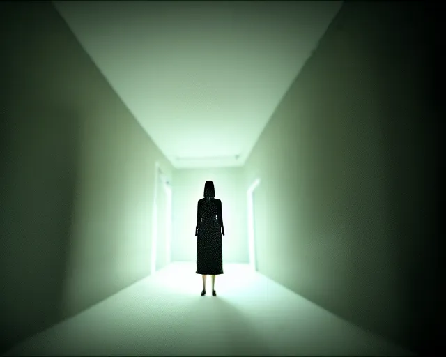 Prompt: creepy woman wearing white dress standing in the backrooms, playable trailer, psychological horror, the eerie forlorn atmosphere of a place that's usually bustling with people but is now abandoned and quiet, buzzing fluorescent lights above the ceiling, unsettling images, liminal space, dark