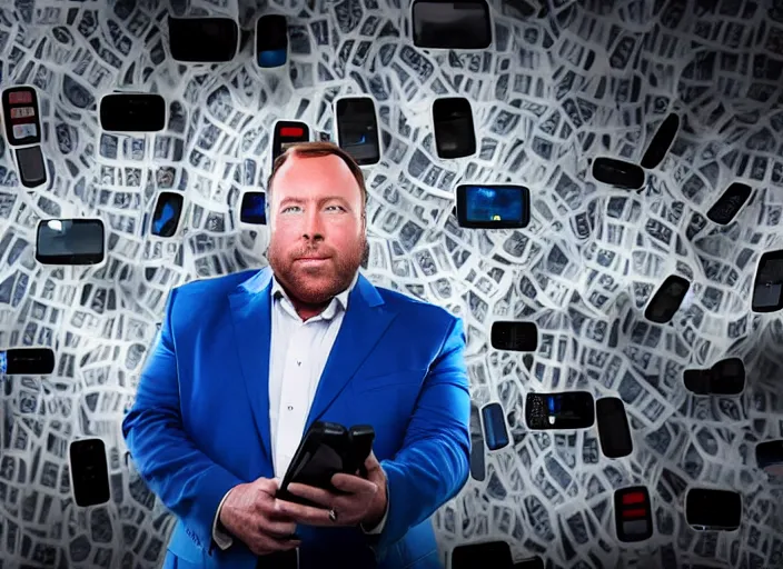 Image similar to dslr photo still of infowars host alex jones in a blue suit fat beard and mustache sitting depressed in a room filled to the ceiling with cell phones stacks of cell phones cell phones everywhere cell phones filling the entire room, 5 2 mm f 5. 6