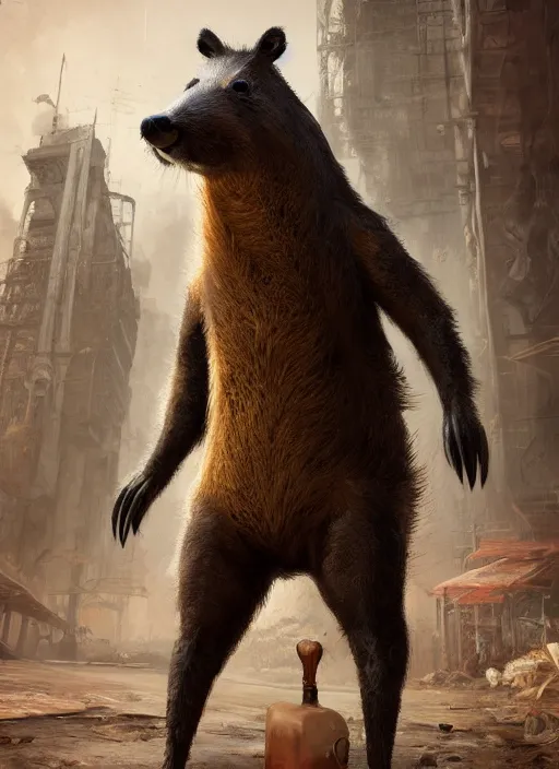 Image similar to detailed full body concept art illustration, dark soft focus, plague style oil painting on canvas of an anthropomorphic capybara doctor in full intricate clothing, biomutant, dystopian, micro detail, octane render, 4K