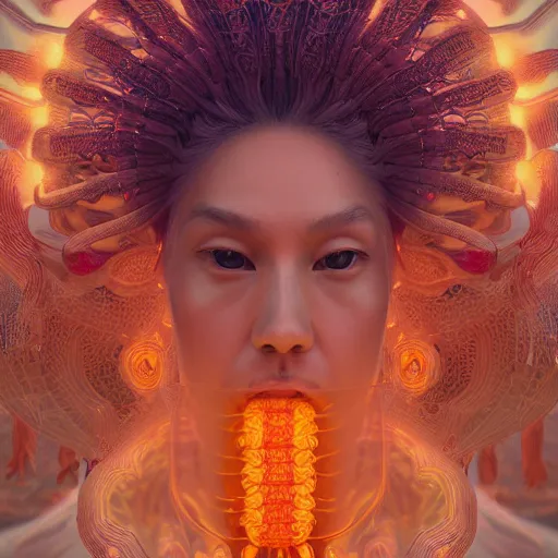 Image similar to goddess portrait. jellyfish phoenix head. intricate artwork by Tooth Wu and wlop and beeple. very coherent symmetrical artwork. cinematic, hyper realism, high detail, octane render, 8k