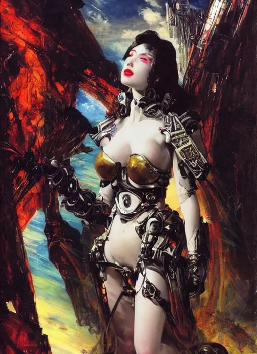 Prompt: Amouranth as an evil futuristic Goddess by Frederick Edwin Church and John Berkey, rule of thirds, seductive look, beautiful, in intergalactic Japan, Refined, masterpiece