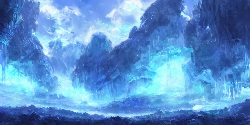 Prompt: blue themed mana ice crystal valley landscape, meteor shower, epic, miyazaki style, cinematic, indie, highly detailed, featured on artstation, highly detailed, abstract