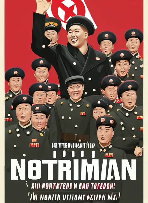 Image similar to propaganda poster smiling jerma as dictator of north korea with soldiers saluting, 8 k, trending on artstation