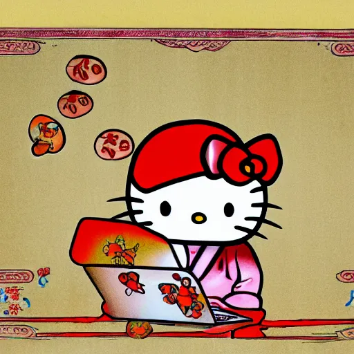 Image similar to oriental water painting of hello kitty programming on a macbook during the song dynasty