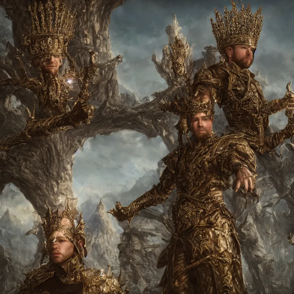 Image similar to Tristan Fulcher wearing a crown, highly detailed, 8k, hyper, dramatic, adventure game, D&D, fantasy art by joseph karl stieler, global illumination, radiant light, detailed and intricate environment