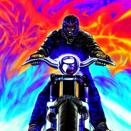 Prompt: psychedelic blacklight airbrush artwork, hyperrealistic motorcycle, hyper stylized action shot of an orc biker riding a motorcycle doing a wheelie, clear focused details, soft airbrushed artwork, black background, cgsociety, artstation